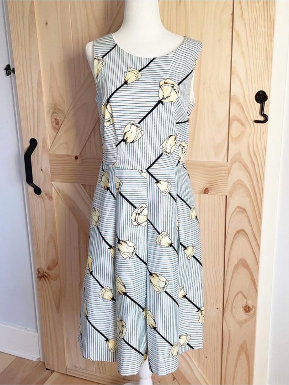 Talbots Striped Midi Dress with Yellow Floral Motif